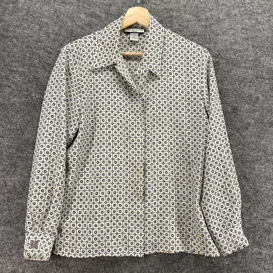 Notations Shirt Women 8P Petite Beige Geometric Button Up Collared Long Sleeve - Image 1 of 4