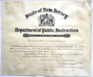 ANTIGUO 1917 N. J. DEPARTAMENTO. CERTIFICADO DE SUPERVISORES ESCOLARES PERMANENTES DE INSTRUCCIÓN - Imagen 1 de 4
