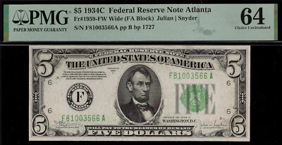 1934C $5 Federal Reserve Note PMG 64 wanted Atlanta Fr 1959-FW - Image 1 of 2