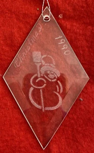 Vintage Etched Beveled Edge Glass 1990 ornament with Snowman and Date - Picture 1 of 8
