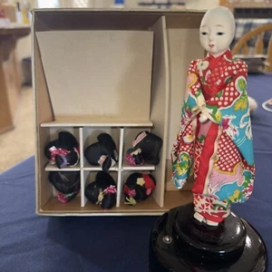 Vtg Japanese Gofun Geisha Doll W/6 Wigs Wooden Rotating Music Box Sayonara - Picture 1 of 12