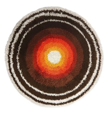 Alfombra peluda redonda DESSO EVELET roja naranja amarilla marrón vintage mediados de siglo años 60 70 Foto 1 de 4