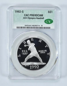 1992-S Olympic Baseball Commemorative Silver Dollar PR69 DCAM CAC CACg *5061 - Picture 1 of 5