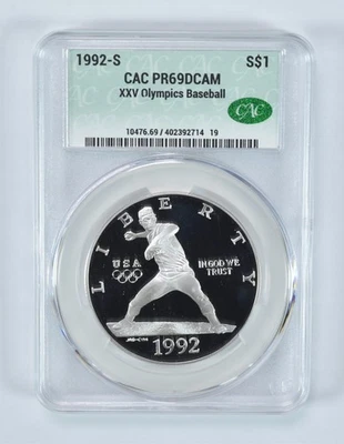 1992-S Olympic Baseball Commemorative Silver Dollar PR69 DCAM CAC CACg *5061 - Image 1 of 4