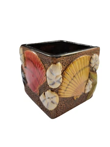 Vintage 5" Square Ceramic Planter Pot Hand Painted Colorful Embossed Seashells - Picture 1 of 14