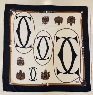 Vintage Cartier Scarf Women 100% Silk Logo Black Border Paris France Vintage - Image 1 of 4