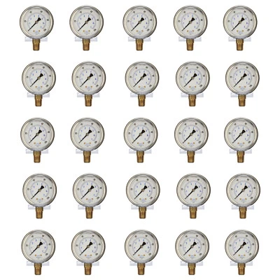 25 PACK LIQUID FILLED PRESSURE GAUGE 0-100 PSI, 2.5" FACE, 1/4" NPT LOWER MOUNT - Image 1 of 4