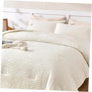 Embossed Design Comforter Set,3 Pieces Lightweight Bedding Queen Cream White - Picture 1 of 7