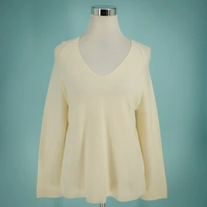 Vince Gr. XS elfenbein gerippt tiefer V-Ausschnitt Langarm 100% Kaschmir Strickpullover - Bild 1 von 6