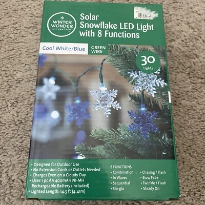 WINTER WONDER LANE 30 Solar Snowflake LED Light Cool White and Blue with 8 Functions Green Cord