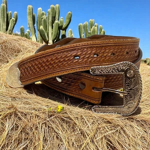 Vintage Brown Tooled Leather Western Concho Belt Sz 38 Cowboy Rodeo Southwestern - Picture 1 of 6