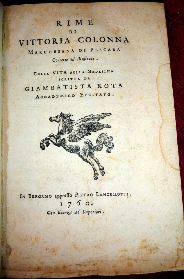 1760 Rime Di Vittoria Colonna  Italian Poetry, Rennaissance Italy Poet - Image 1 of 1
