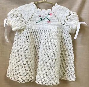 Baby Clothes Crocheted Dress Handmade OOAK White W/Embroidery Trim Bears & Dolls - Picture 1 of 9