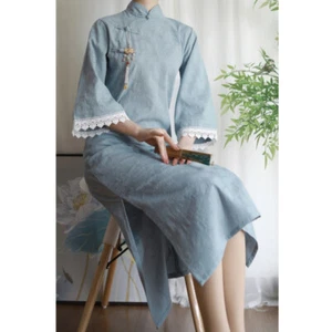 Chinese Traditional Cheongsam Women Cotton Jacquard Dress Ethnic Qipao Slit - Picture 1 of 15