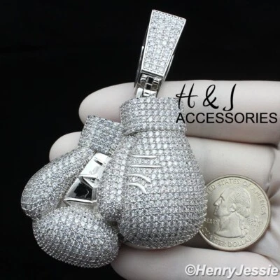 MEN 14K WHITE GOLD PLATED ICY BLING CZ 3D DOUBLE BOXING GLOVE CHARM PENDANT*BP15 - Image 1 of 4