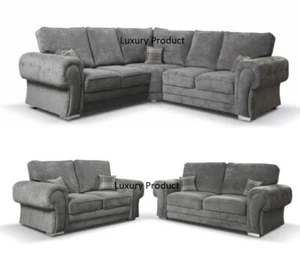Luxurious Corner/3+2 Sofa Set Fullback Couch Grey Plush velvet Verona Suite - Picture 1 of 5