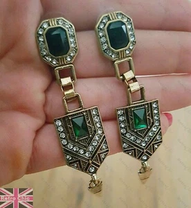 Vintage Art Deco Style Long Green Diamante Crystal Earrings Gold Tone Wedding - Picture 1 of 5