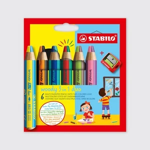 STABILO Woody 3-in-1 Duo with Sharpener in Wallet Assorted Colours Set of 6 - Picture 1 of 4