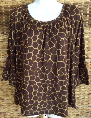 MICHAEL KORS BROWN GIRAFFE ANIMAL PRINT 3/4 FLARED SLEEVE TOP BLOUSE L NWT $64 - Image 1 of 4