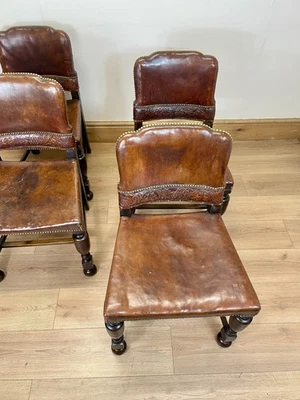Set of 4 Antique Rustic Brown Leather Studded Country Dining Chairs - Image 1 of 4