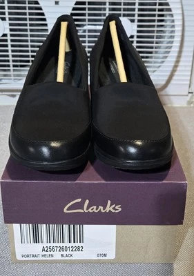 NIB Clarks Womens Wedge Slip On Shoes Sz 7M Portrait Helen Black Leather Textile - Image 1 of 4