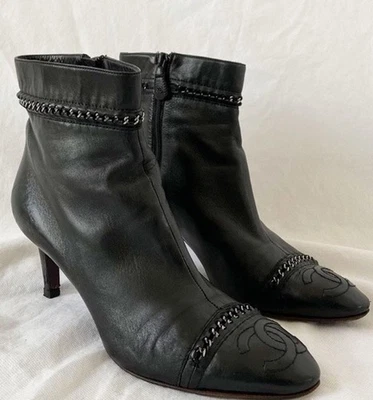 CHANEL Boots Womens Size 36 Black Leather Ankle CC Logo Chain Boots - Image 1 of 4