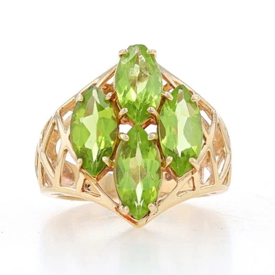 Yellow Gold Peridot Cluster Cocktail Ring - 10k Marquise 4.00ctw Latticework - Image 1 of 4