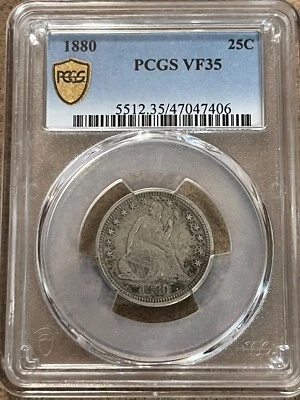 1880  Seated Liberty  Quarter , PCGS VF-35.  scarce date & Grade - Image 1 of 4