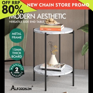 ALFORDSON Side Table Sofa End Bedside Nightstand Round Marble Shelf Black - Picture 1 of 12