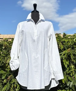 Tahari SZ. M White Linen Blend Roll tab Long Sleeves Collared Pockets Tunic-NWT - Picture 1 of 12