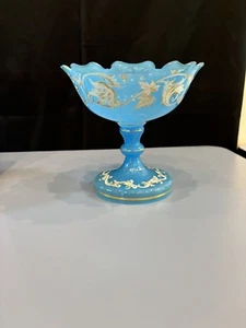 Beautiful Translucent Blue Glass Art Compote W/ White & Gold Flower Art 6"H - Picture 1 of 5