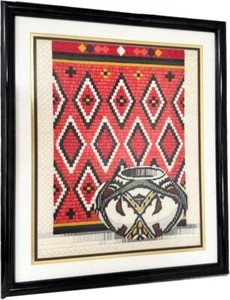 Vintage Native Needlepoint Framed Wall Art – Diamond & Pot Motif - Picture 1 of 1