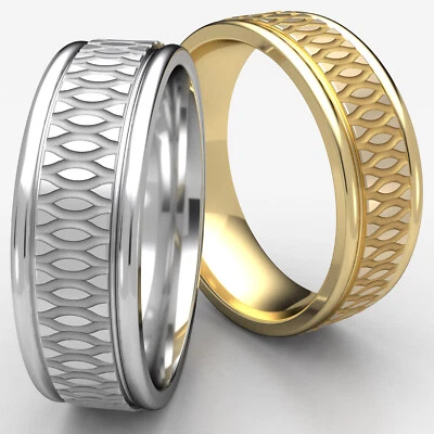 8mm Man Men's Women's Patterned Ring 14k White-Yellow-Rose Gold Wedding Band - Image 1 of 4