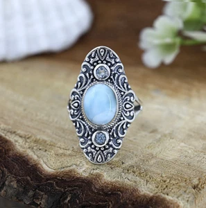 Oval Larimar and Blue Topaz Ring Filigree Long Ring Fancy Silver Ring For Her - Picture 1 of 8