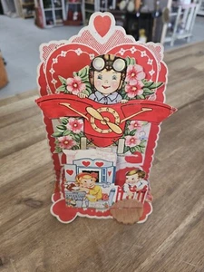 Vintage Valentine Card Pop-Up Honeycomb Die-Cut Airplane Pilot Children Red Pink - Picture 1 of 7