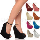 Womens ladies high heel platform peep toe ankle strap wedge shoes size