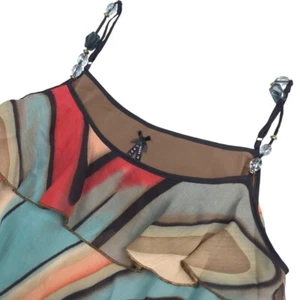 Lapis Chiffon Top Women Small Tiered Cami Tank Abstract Ruffled Beaded Blouse - Picture 1 of 9