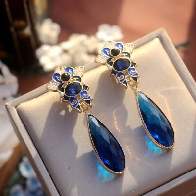 Ohrringe Clip On Kerzenständer Emaille Schwarz Tropf Glas Blau Golden Perle QD4 - Bild 1 von 4