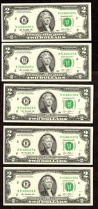 5 in a row: Crisp UNC 2013 2$ NY Federal Reserve Notes, Ft Worth printing, [C85 - Picture 1 of 12
