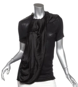 LANVIN Womens Black Short Sleeve Layered Ruffle Pleated Raw-Hem Top Blouse M NEW - Picture 1 of 6