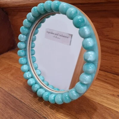 Espejo de pie tocador de escritorio redondo azul claro con cuentas mármol acetato  Foto 1 de 4