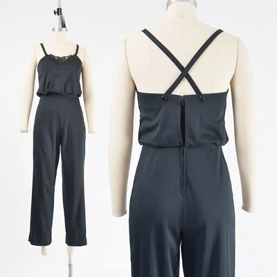 Mono vintage años 70 negro boho discoteca encaje correa espagueti pierna recta XS Foto 1 de 4