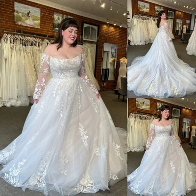 Beach Plus Size Wedding Dresses Long Sleeves White Off Shoulder Bridal Gowns - Image 1 of 4