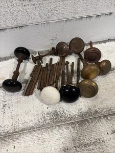 Lot of Antique Vintage Reclaimed Brass Door Knobs Handles & Spindles - Picture 1 of 11