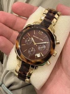 MICHAEL KORS MK5246 LADIES GOLD STEEL BROWN HORN CHRONOGRAPH WATCH - Picture 1 of 4