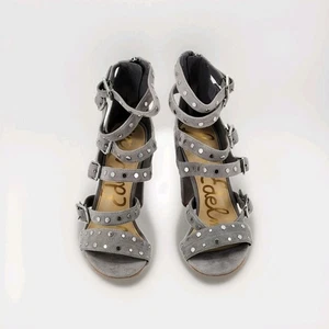 Sam Edelman Sandals Womens 9 Gray Suede Studded Gladiator Heeled Zip Buckle - Picture 1 of 6