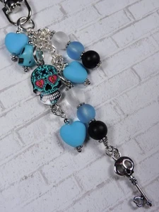 Sugar Skull Skeleton Key Heart Purse Charm Bag Clip Frosted Glass Blue Black New - Picture 1 of 4