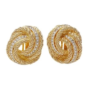 CHRISTIAN DIOR Vintage 1970s Crystal 18k Gold Plated Rope Knot Earrings - Picture 1 of 6