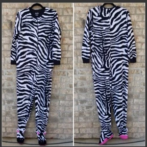 Black White  ZEBRA OnePiece SLEEPER Pajama ZipUp Costume (Med) Nick&Nora Pockets - Picture 1 of 7