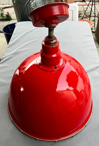 Vtg 1940s Red Porcelain Enamel Gas Station Industrial Barn Pendant Light w/ Cage Cover